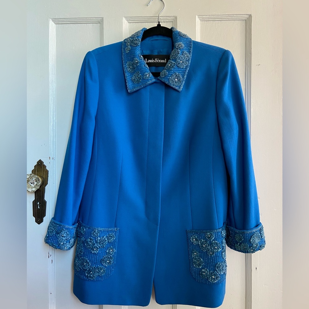 Vintage 1990s Louis Feraud Blue Embellished Women's Blazer & Skirt